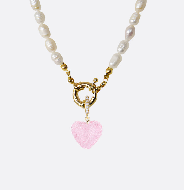 Natural Pearl Heart Necklace Baby Pink