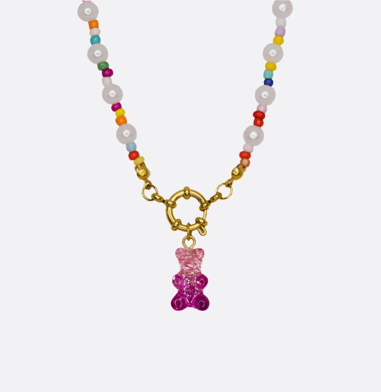 Rainbow Pearl Necklace with Gummy Bear - Pink/Purple