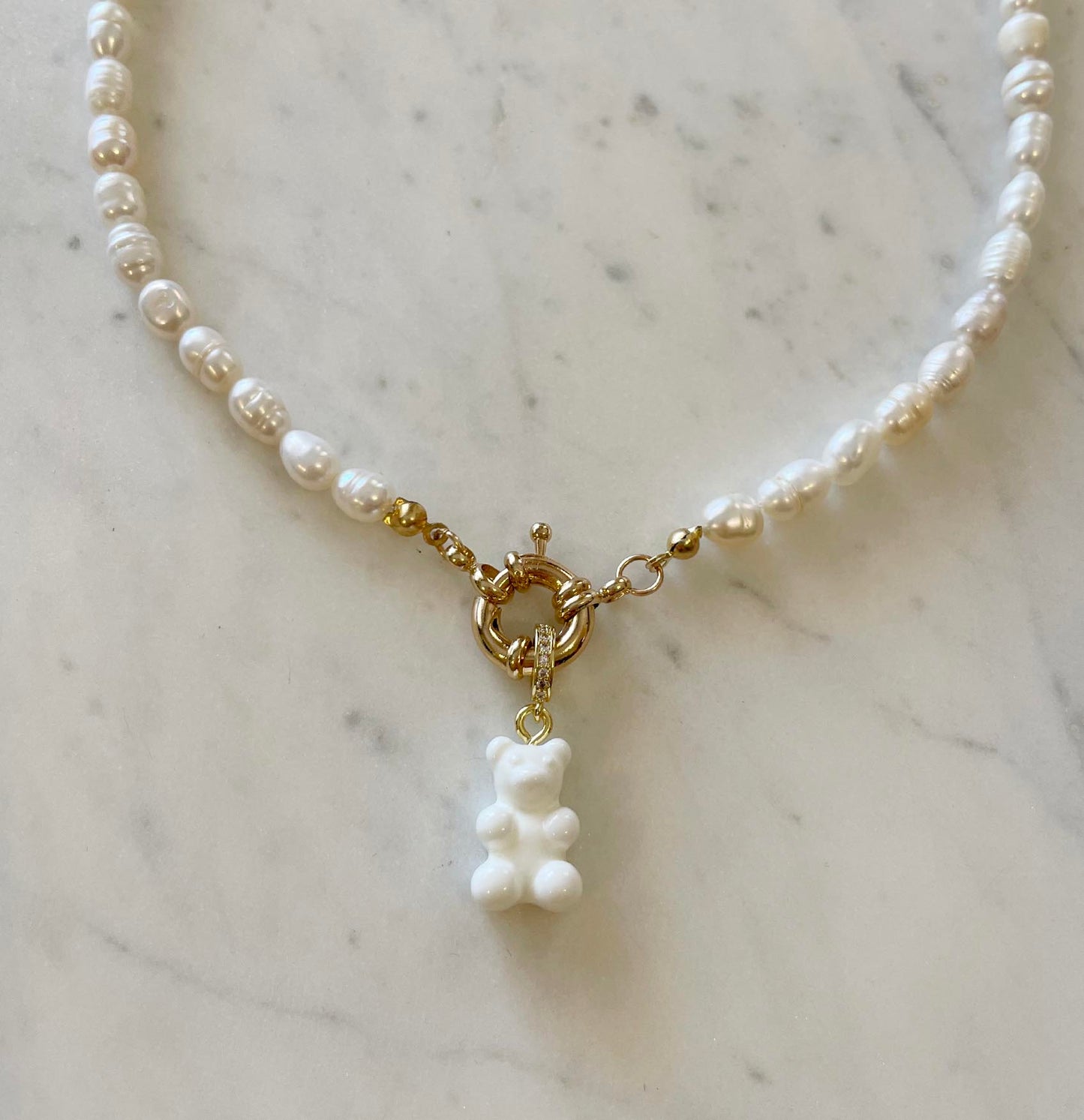 Natural Pearl Necklace with Gummy Bear - White
