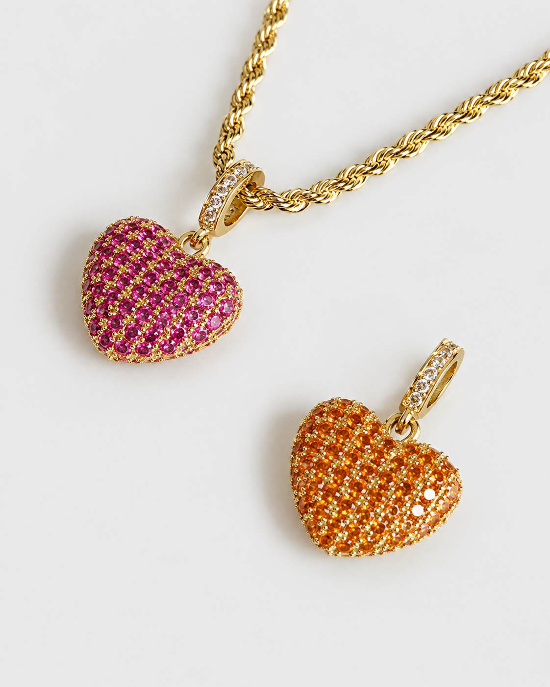 MONLANA Shiny Heart Necklace Double Sided with pink and orange zirconia heart charms detail