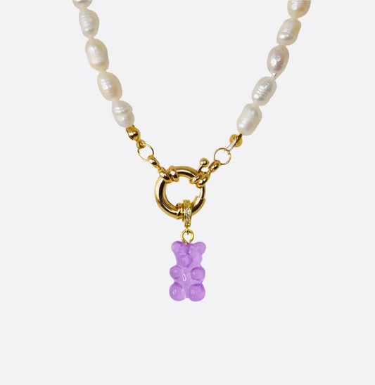 Natural Rice Pearl Necklace with Gummy Bear - Purple