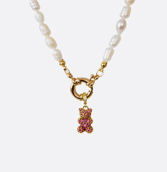 Natural Rice Pearl Necklace with Shiny Bear - Pink