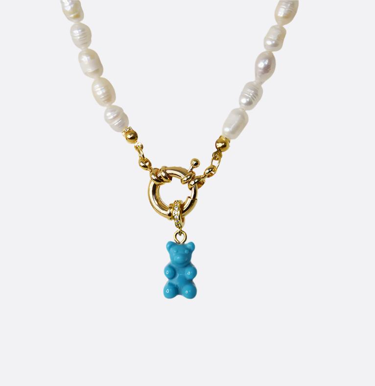 Natural Rice Pearl Necklace with Gummy Bear - Turquoise