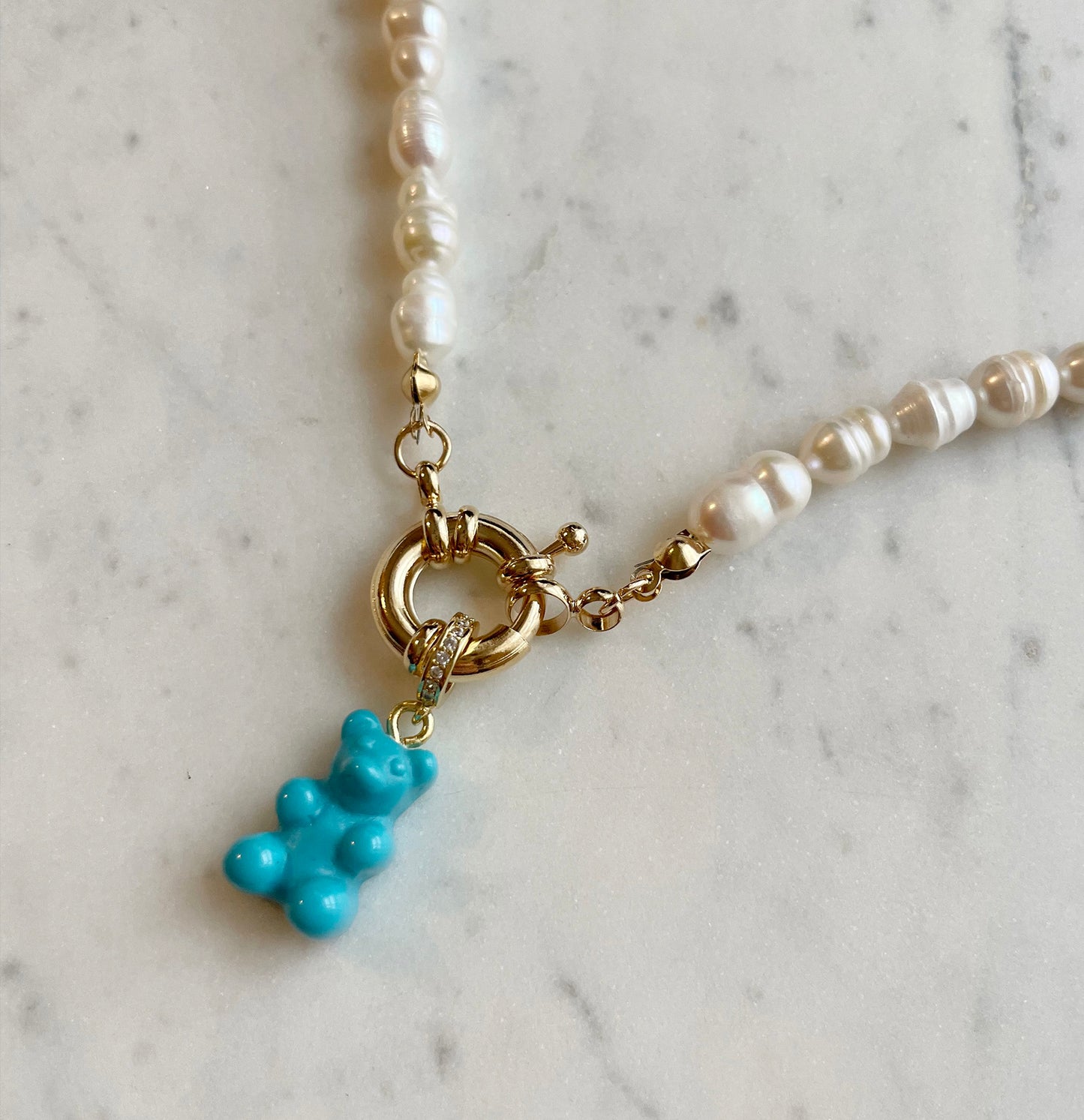 Natural Rice Pearl Necklace with Gummy Bear - Turquoise