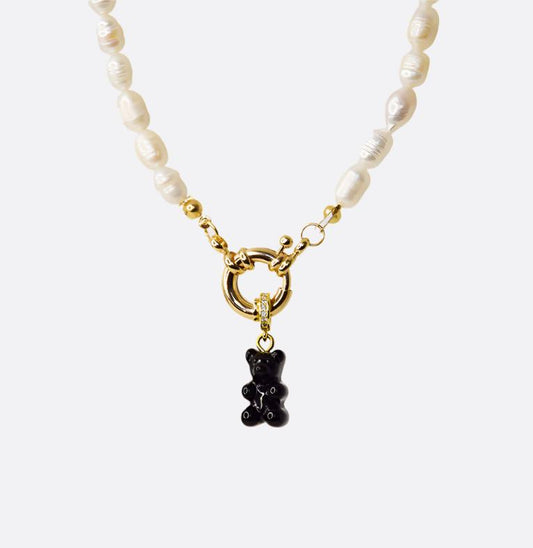 Natural Rice Pearl Necklace with Gummy Bear - Black