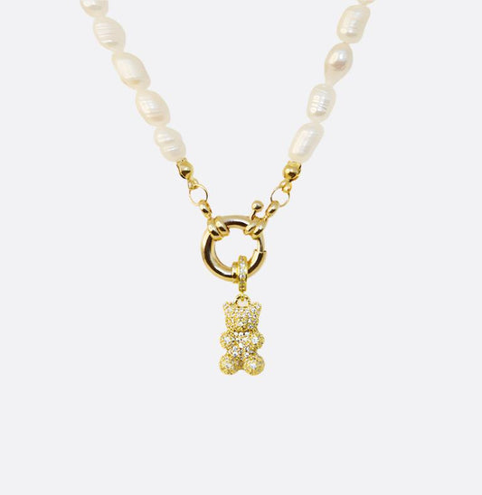 Natural Rice Pearl Necklace with Shiny Bear - Gold