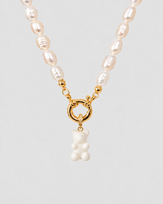 Natural Pearl Necklace with Gummy Bear - White