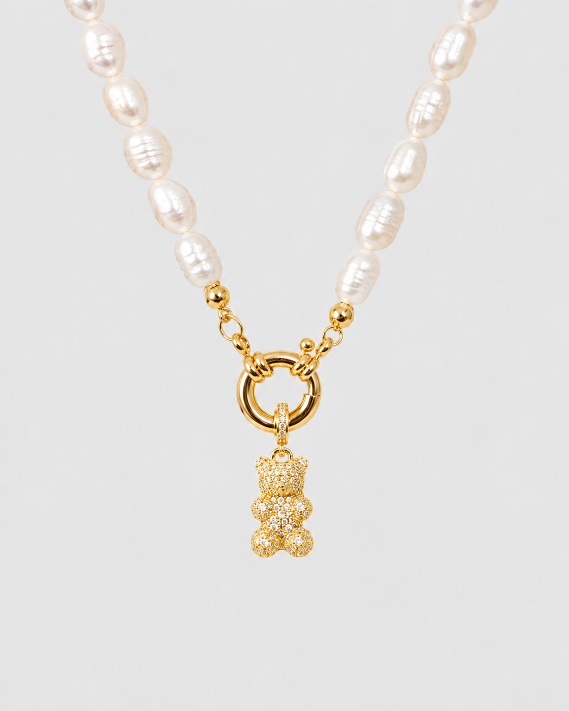 Natural Pearl Necklace with Shiny Bear - Gold