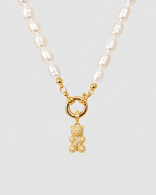 Natural Pearl Necklace with Shiny Bear - Gold
