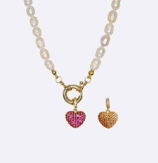 Natural Pearl Necklace with Shiny Heart - Double Sided