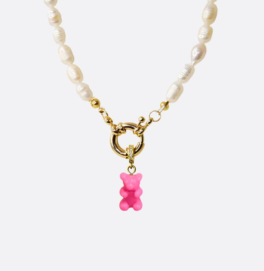 Natural Rice Pearl Necklace with Gummy Bear - Pink