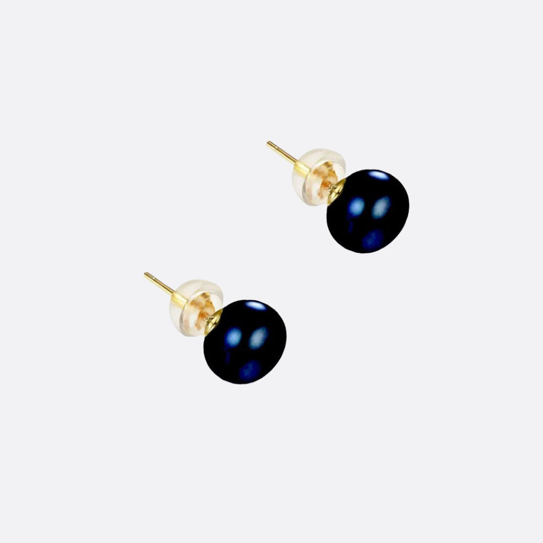 Black Button Natural Pearl Stud Earrings