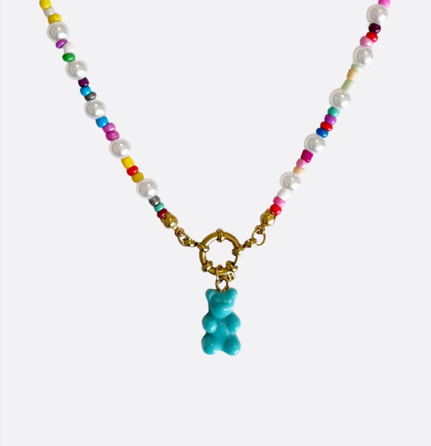 Rainbow Pearl Necklace with Gummy Bear - Turquoise