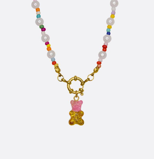 Rainbow Pearl Necklace with Gummy Bear - Pink/Yellow