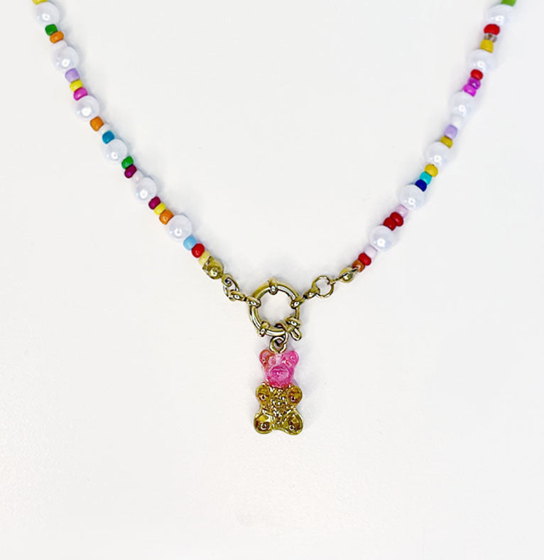 Rainbow Pearl Necklace with Gummy Bear - Pink/Yellow