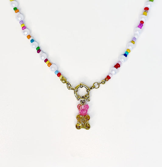 Rainbow Pearl Necklace with Gummy Bear - Pink/Yellow