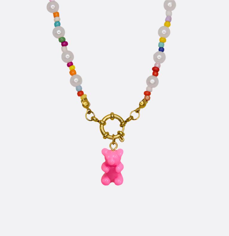 Monlana Rainbow Pearl Necklace with Pink Gummy Bear