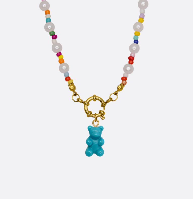 Monlana Rainbow Pearl Necklace with Turuoise Gummy Bear