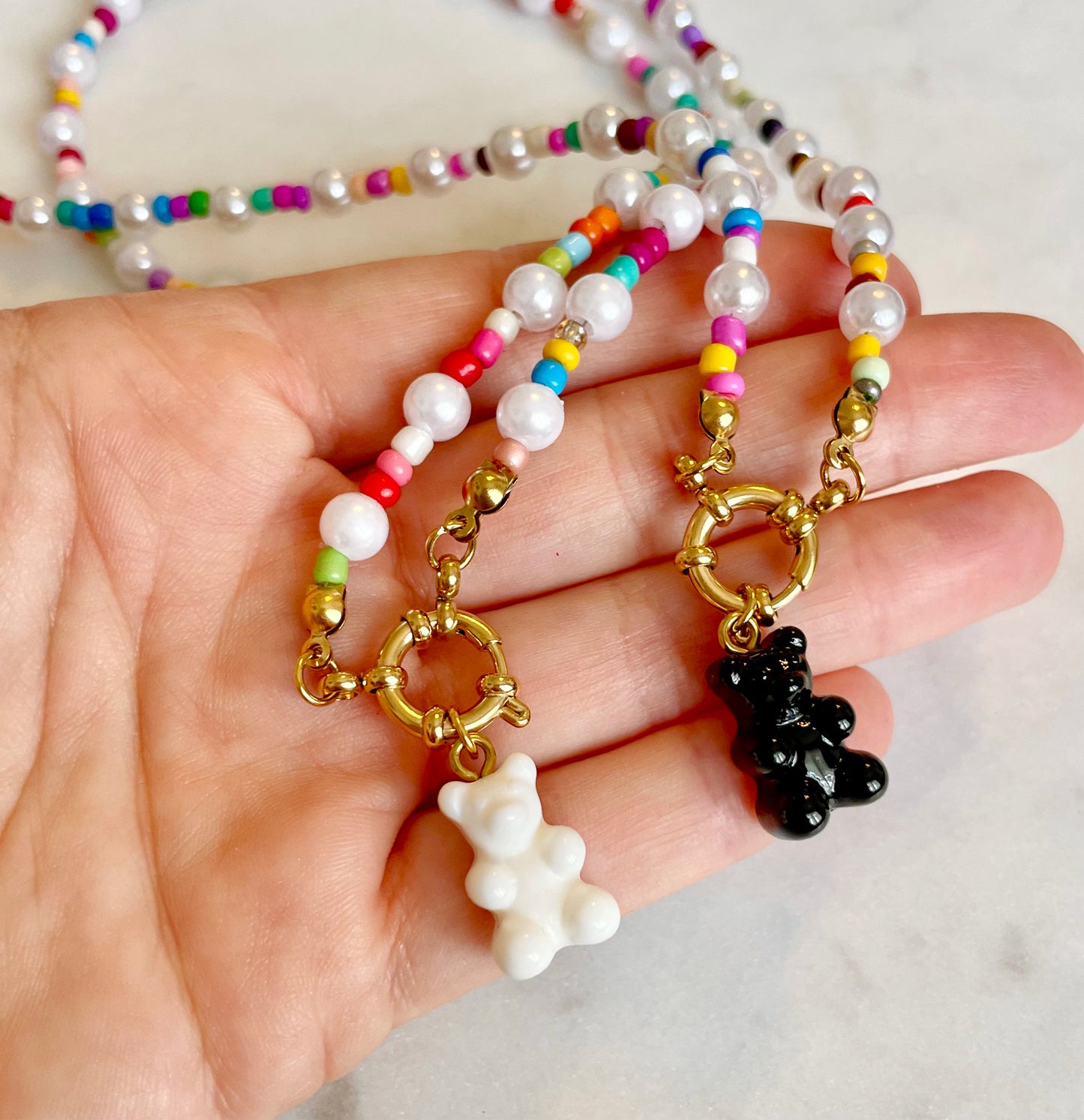 Rainbow Pearl Necklace with Gummy Bear - Black