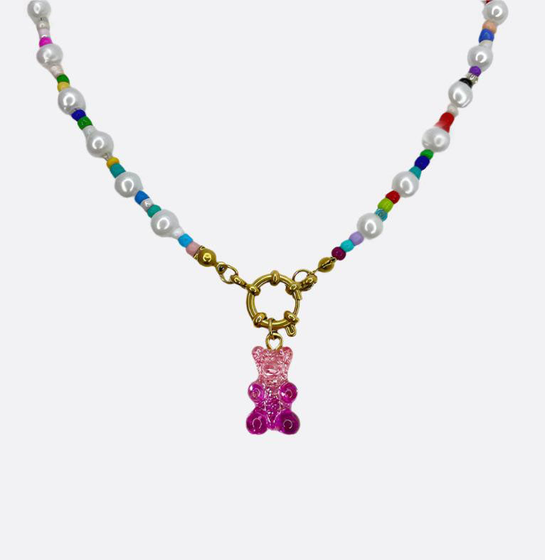 Rainbow Pearl Necklace with Gummy Bear - Pink/Purple