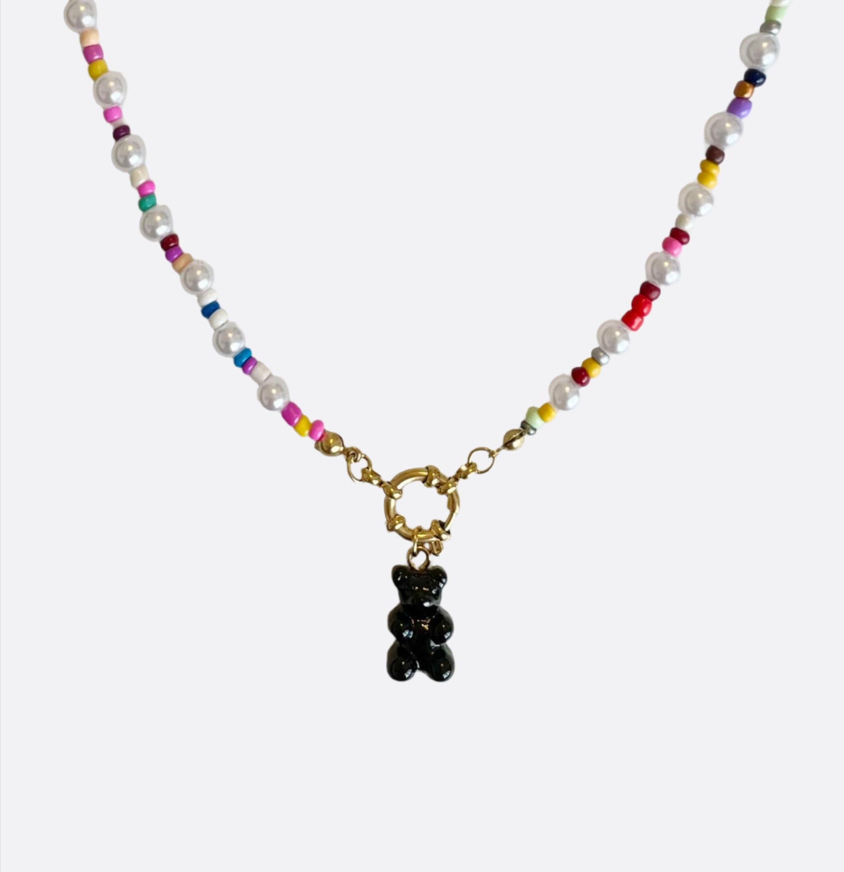 Rainbow Pearl Necklace with Gummy Bear - Black