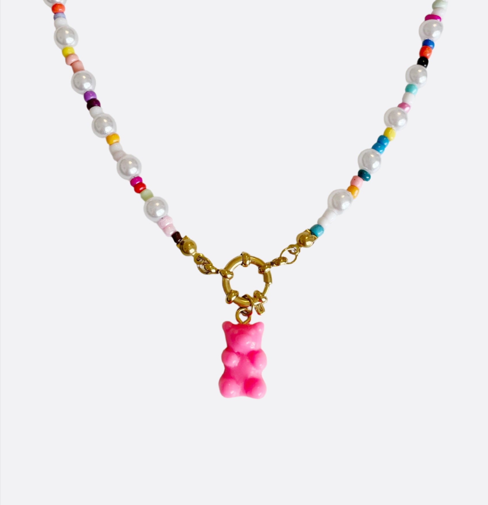 Rainbow Pearl Necklace with Gummy Bear - Pink