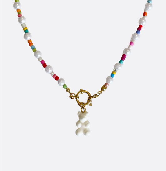 Rainbow Pearl Necklace with Gummy Bear - White