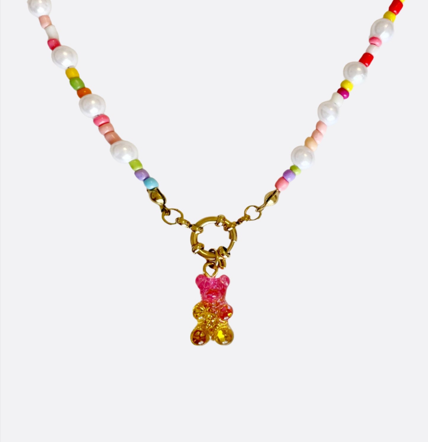 Rainbow Pearl Necklace with Gummy Bear - Pink/Yellow