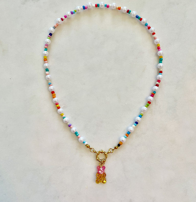 Rainbow Pearl Necklace with Gummy Bear - Pink/Yellow