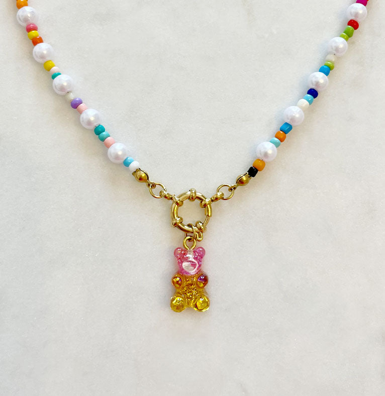 Rainbow Pearl Necklace with Gummy Bear - Pink/Yellow