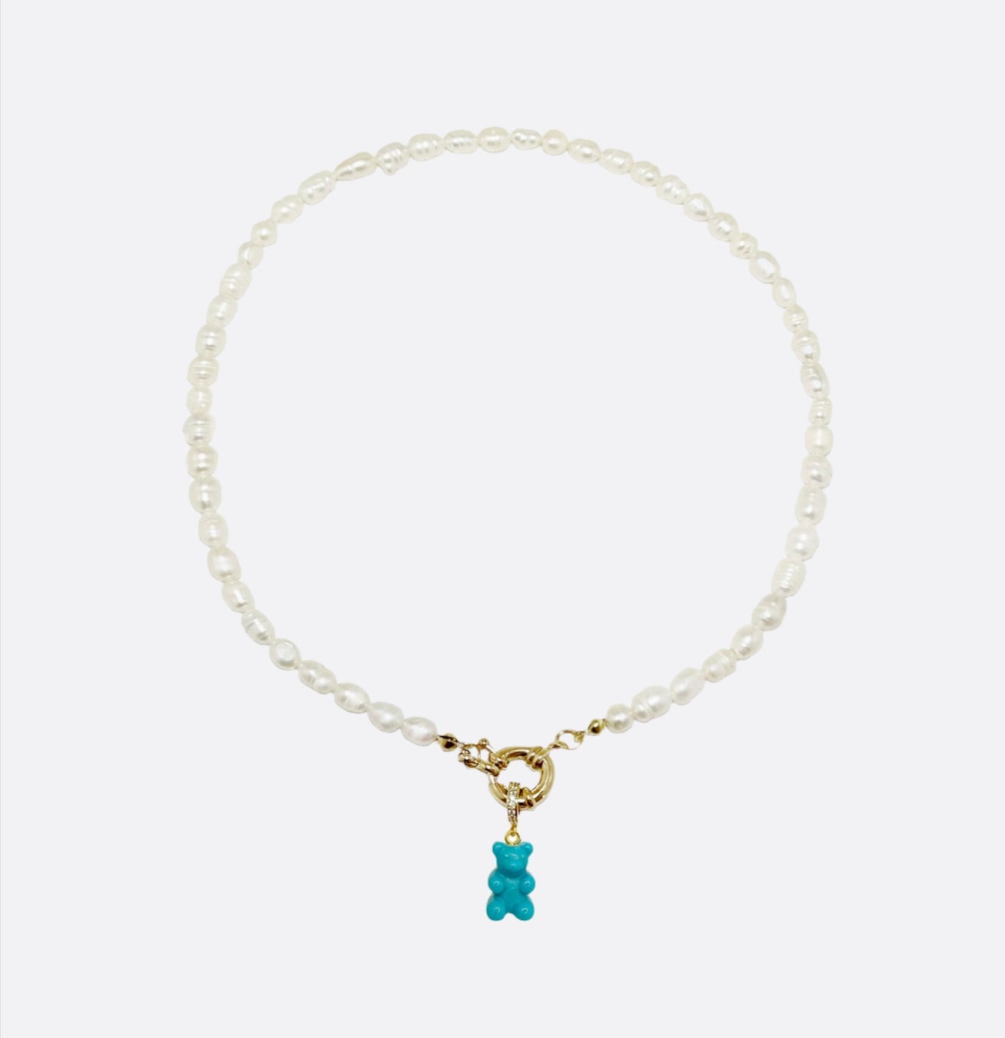 Natural Rice Pearl Necklace with Gummy Bear - Turquoise