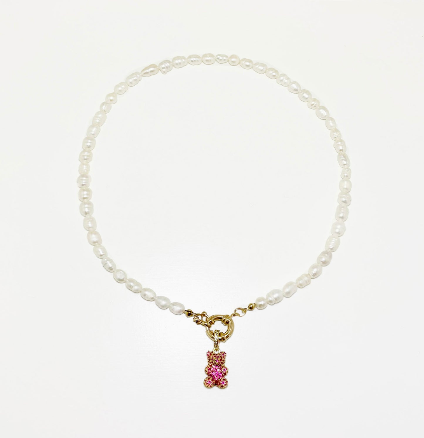 Natural Rice Pearl Necklace with Shiny Bear - Pink