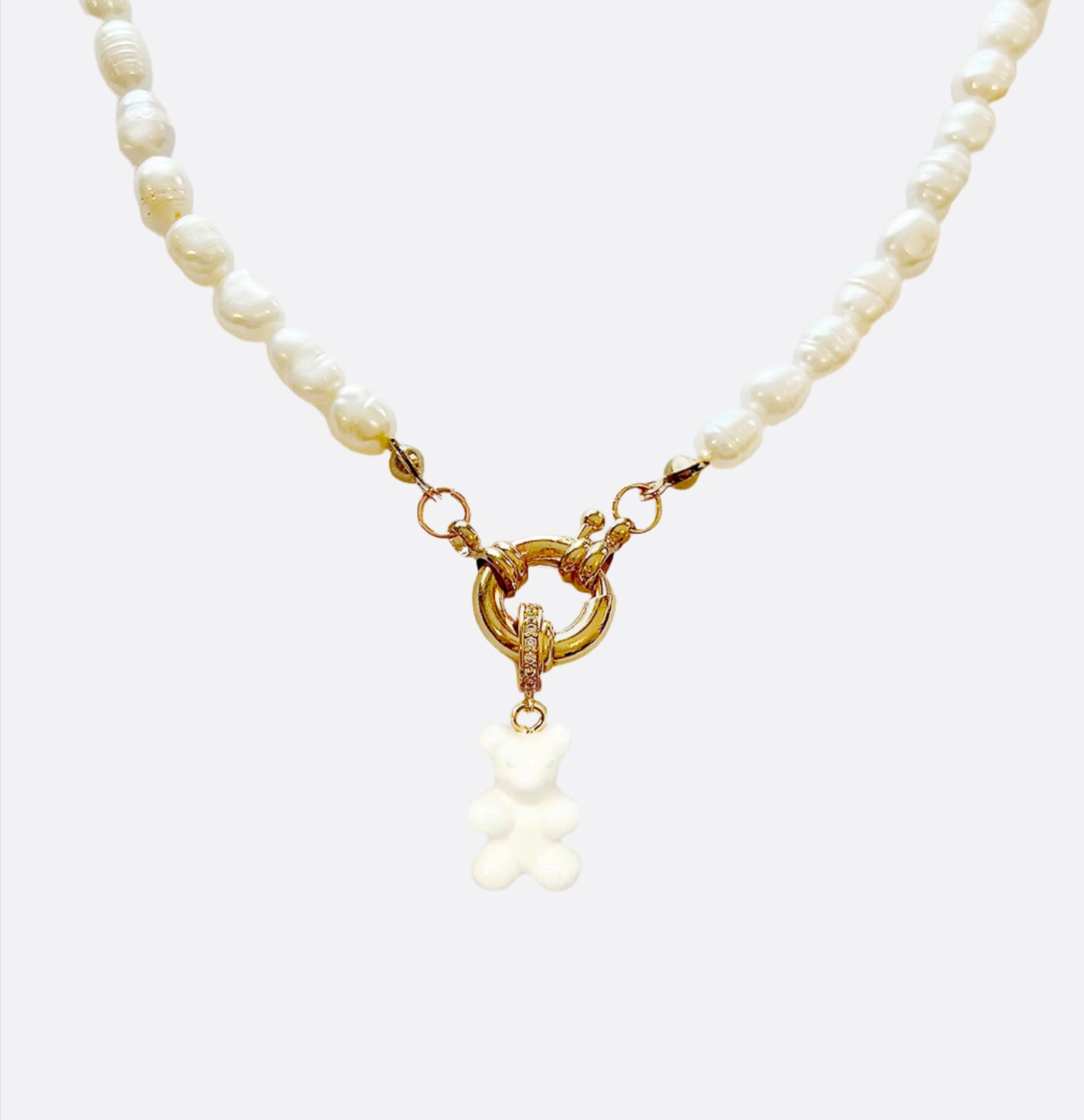 Natural Rice Pearl Necklace with Gummy Bear - White