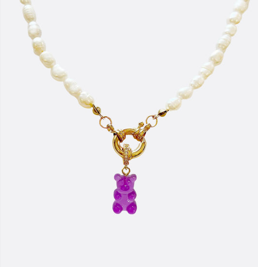 Natural Rice Pearl Necklace with Gummy Bear - Purple