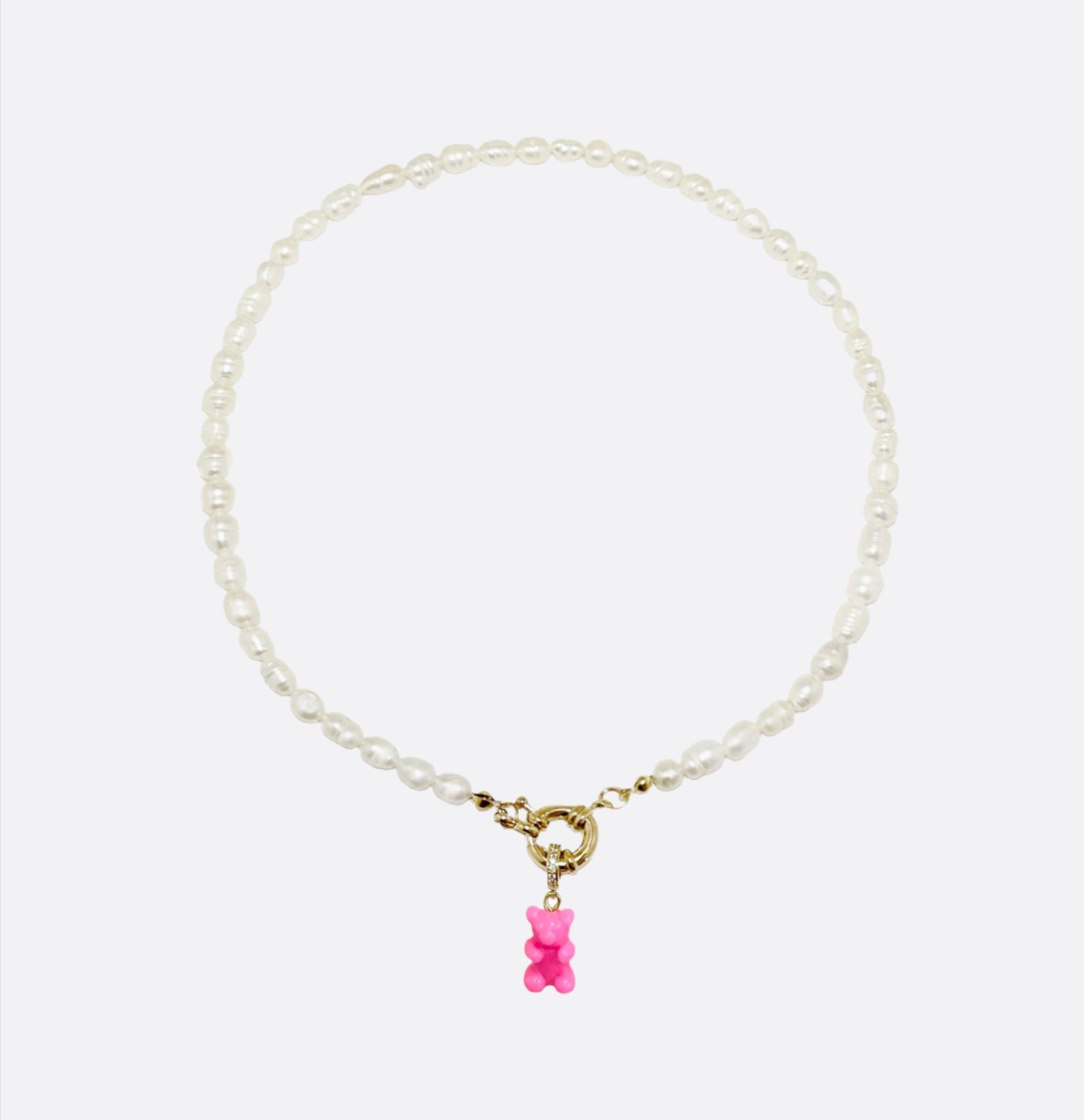 Natural Rice Pearl Necklace with Gummy Bear - Pink