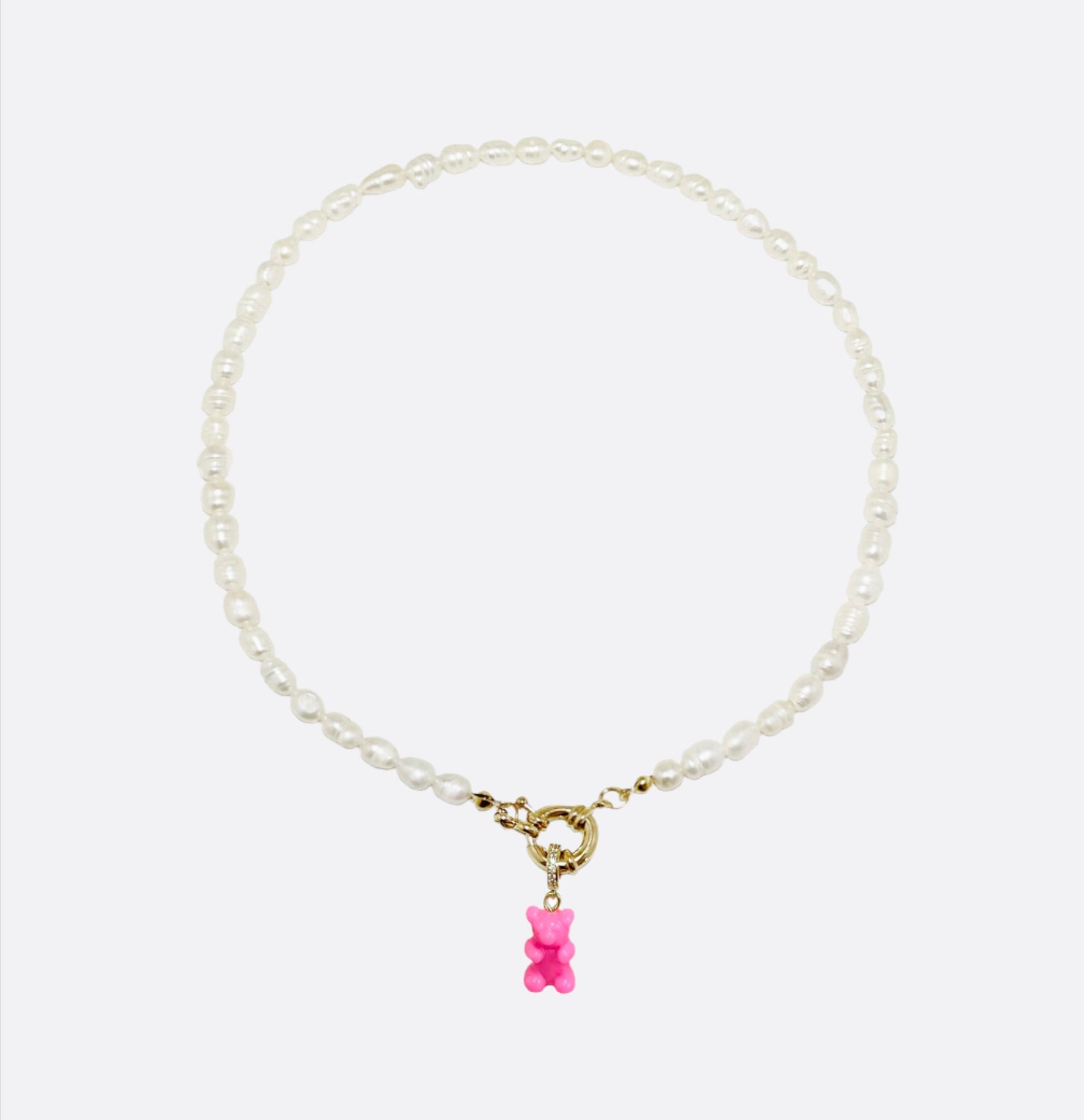 Natural Rice Pearl Necklace with Gummy Bear - Pink