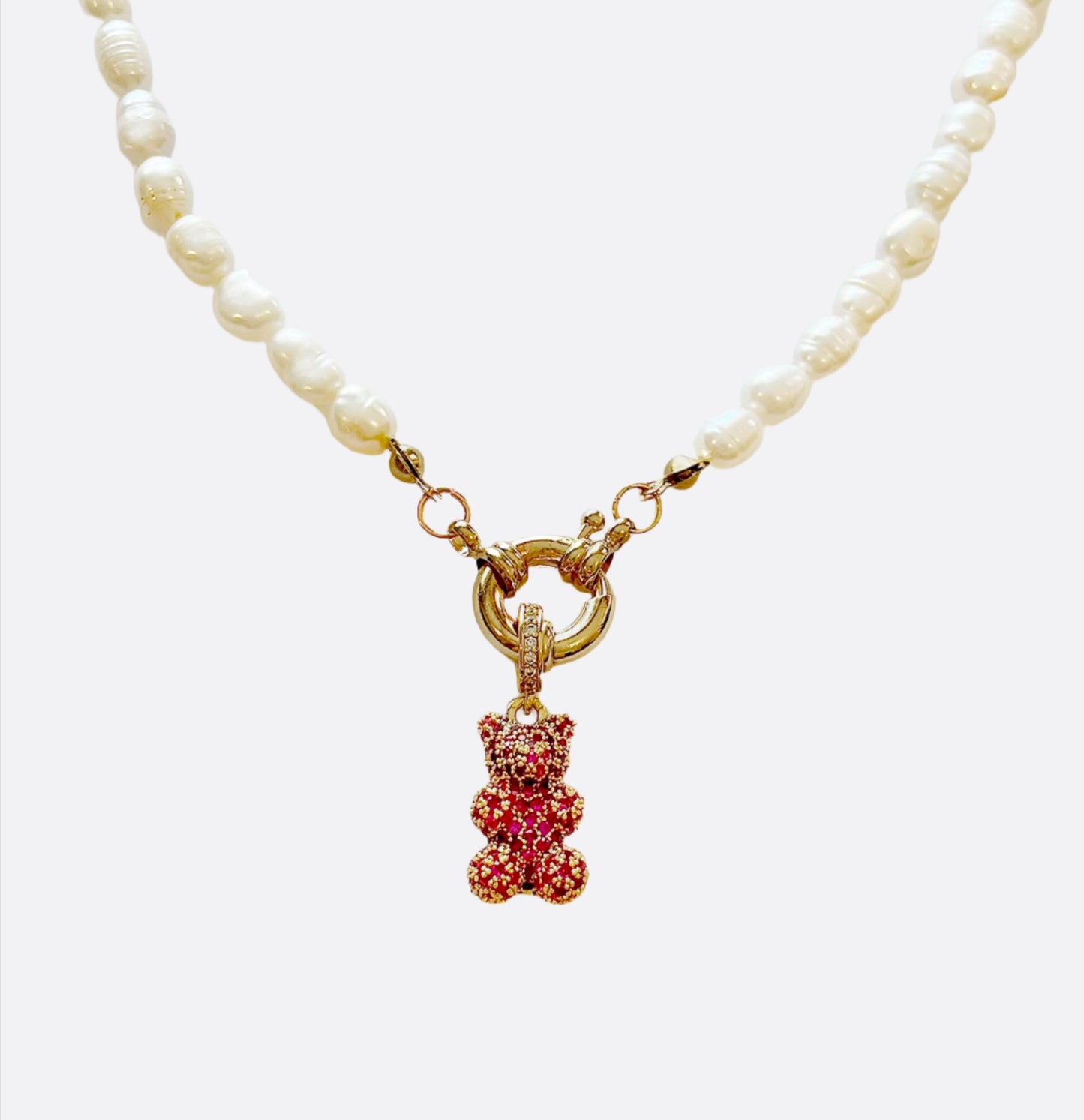 Natural Rice Pearl Necklace with Shiny Bear - Pink