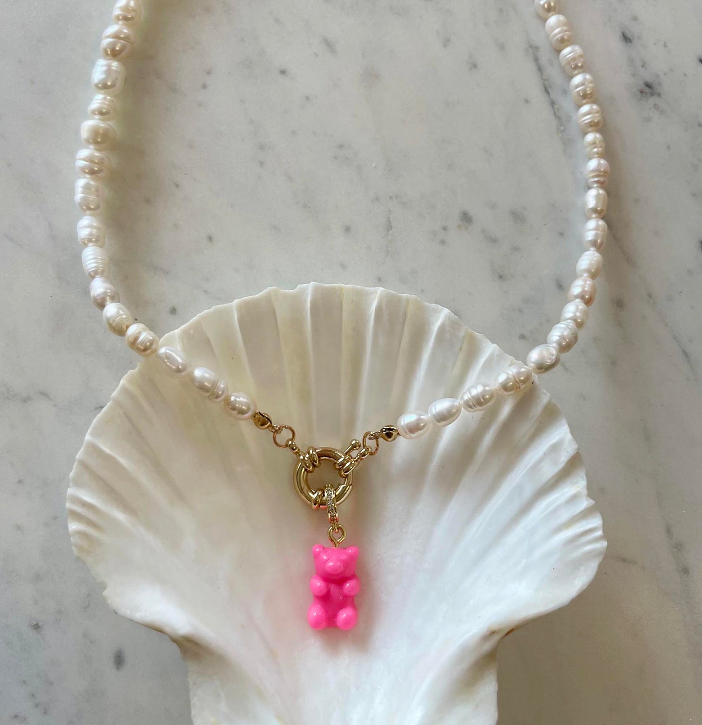 Natural Rice Pearl Necklace with Gummy Bear - Pink