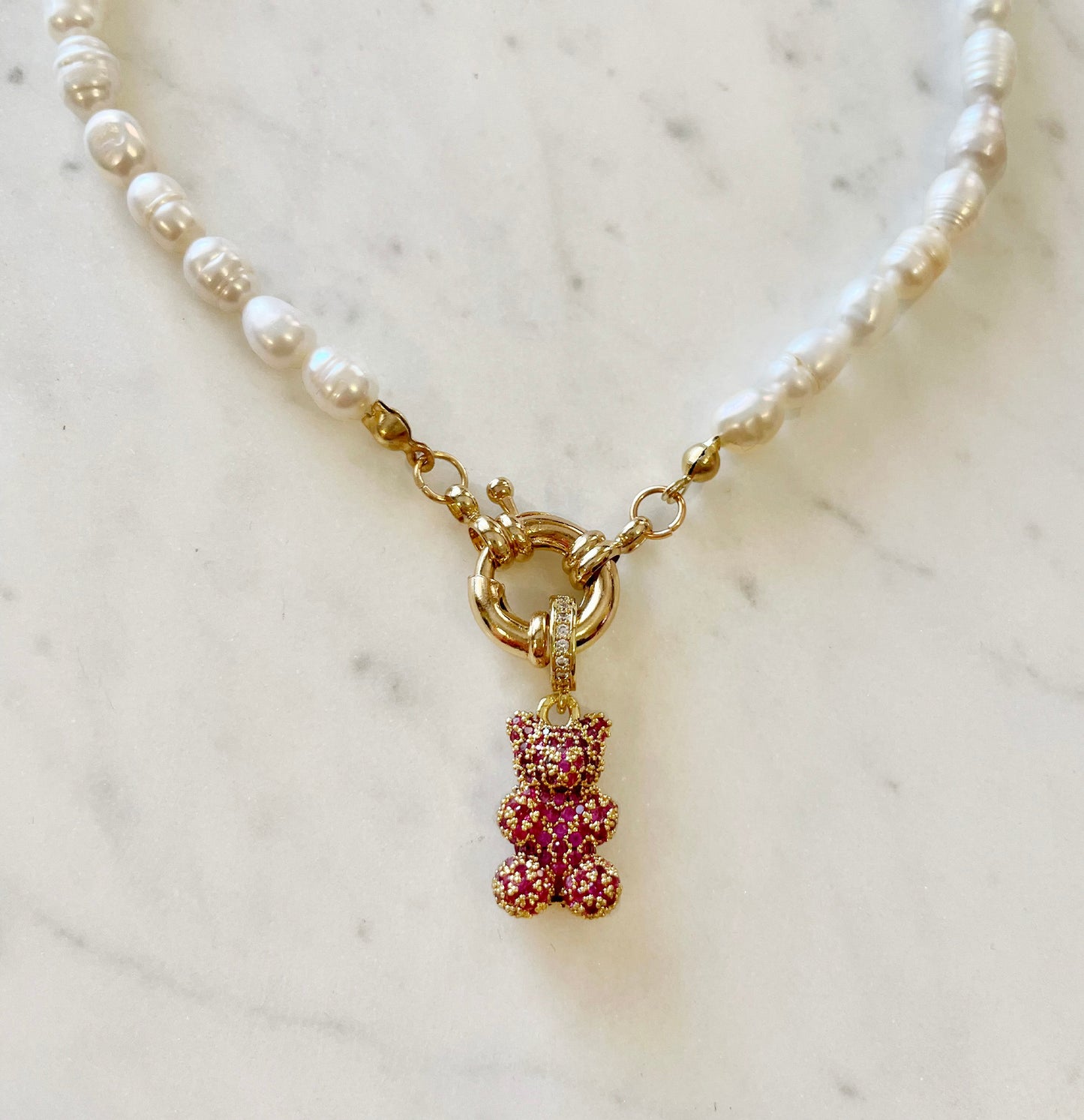 Natural Rice Pearl Necklace with Shiny Bear - Pink