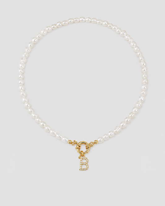 MONLANA Alphabet Natural Pearl Necklace with gold letter B pendant