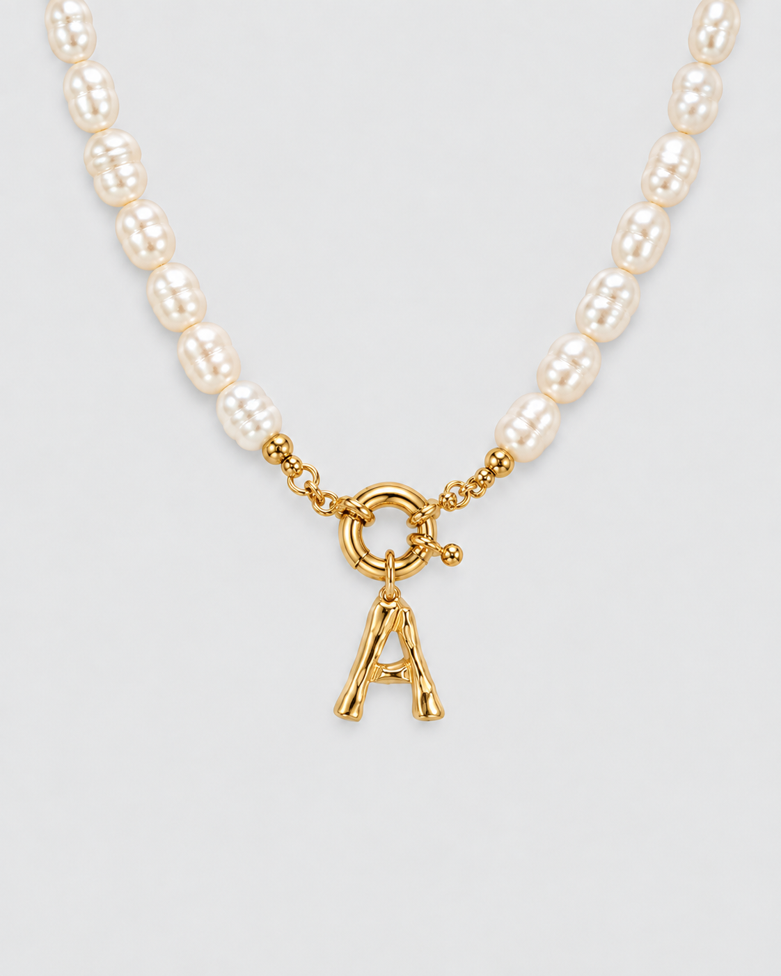 MONLANA Big Alphabet Natural Pearl Necklace with gold letter A pendant and natural pearl beads