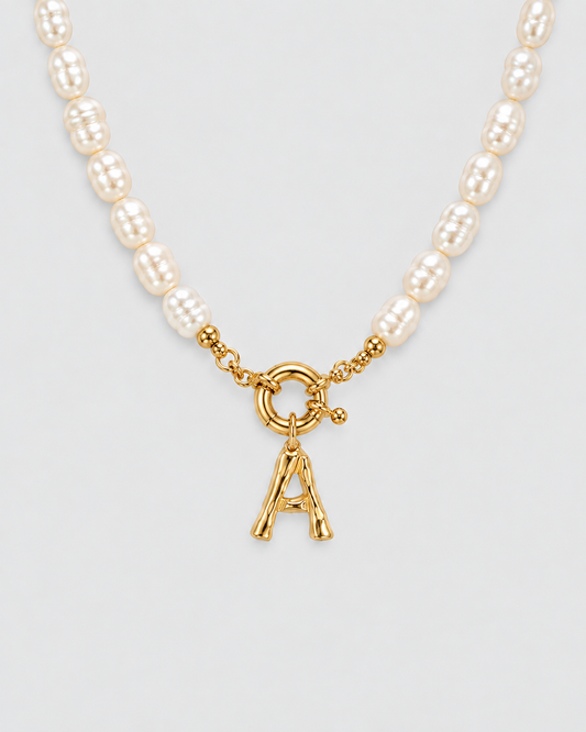 MONLANA Big Alphabet Natural Pearl Necklace with gold letter A pendant and natural pearl beads