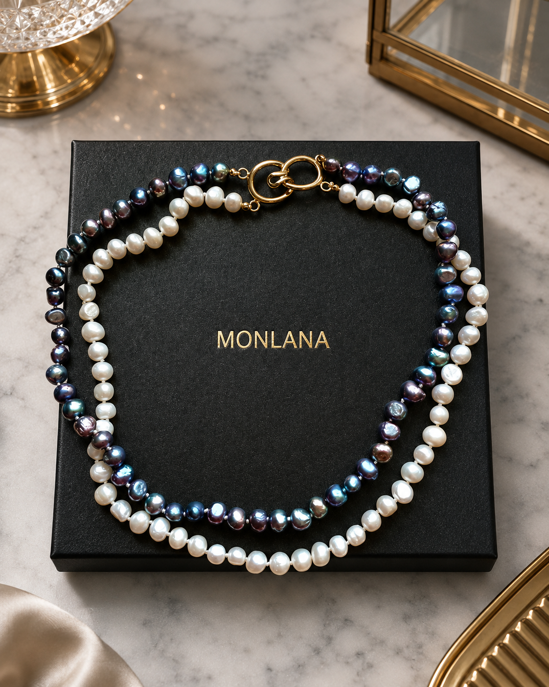 Close-up of MONLANA Double Natural Pearl Necklace Multi with Gold Clasp with Gift Box