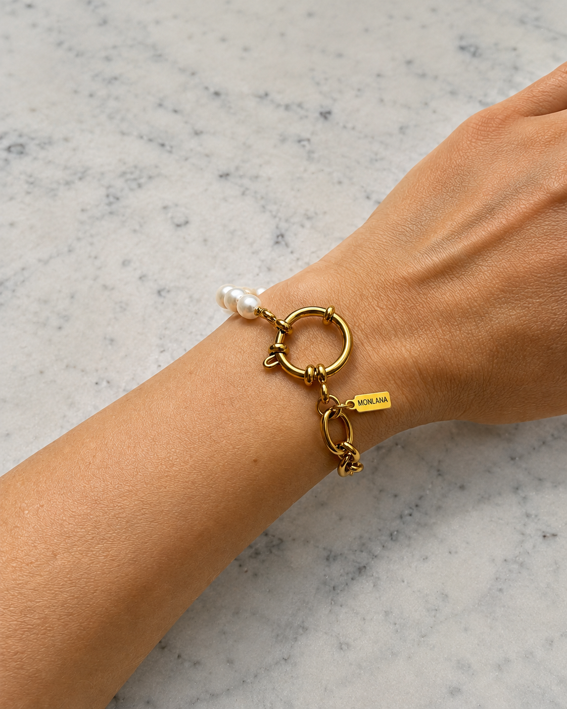 MONLANA Monaco Natural Pearl Bracelet worn on a woman's wrist