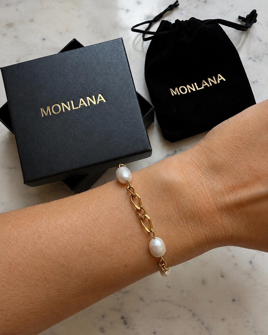 MONLANA Mykonos Natural Pearl Chain Bracelet worn on a woman's wrist