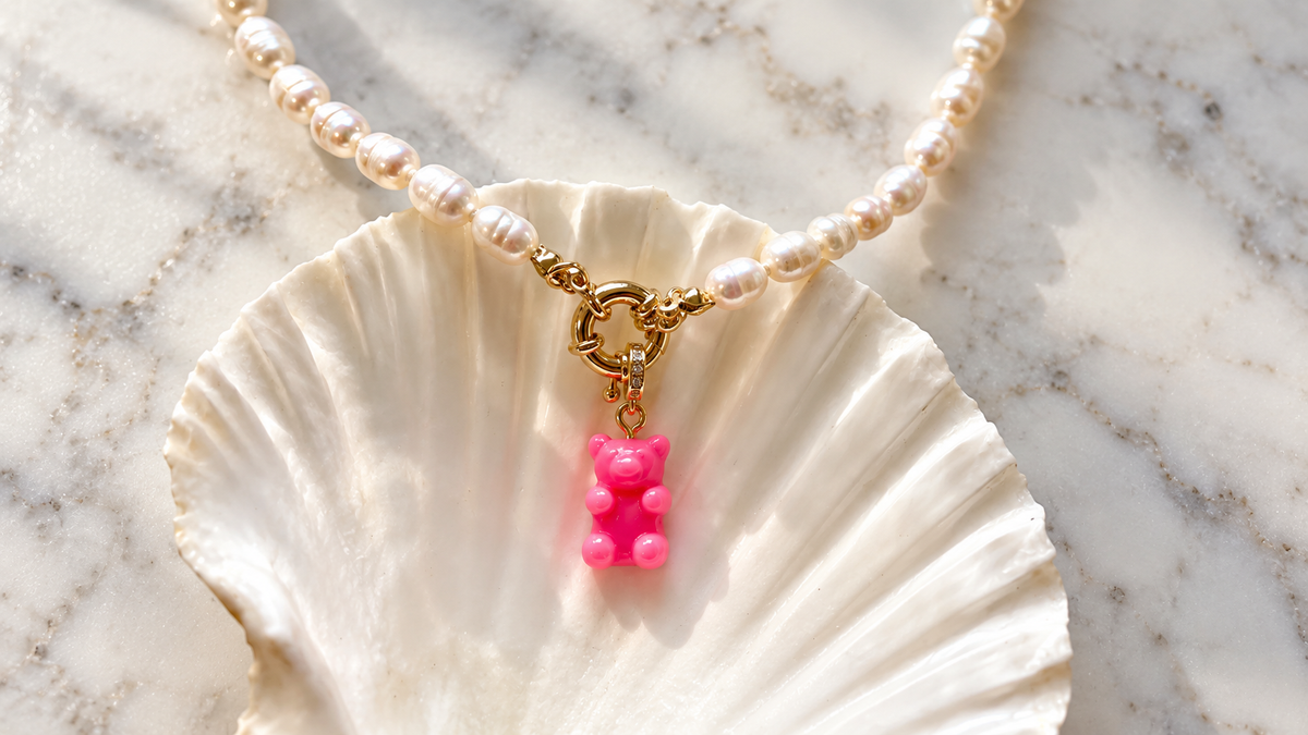 MONLANA natural freshwater pearl necklace with pink gummy bear charm, 18K gold plated details