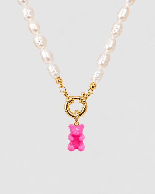 MONLANA Natural Pearl Necklace with Pink Gummy Bear pendant