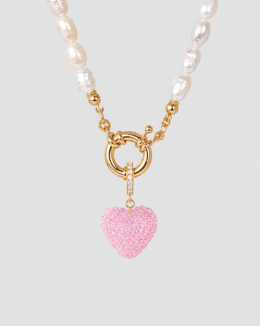 MONLANA Natural Pearl Necklace with Baby Pink Jelly Heart pendant