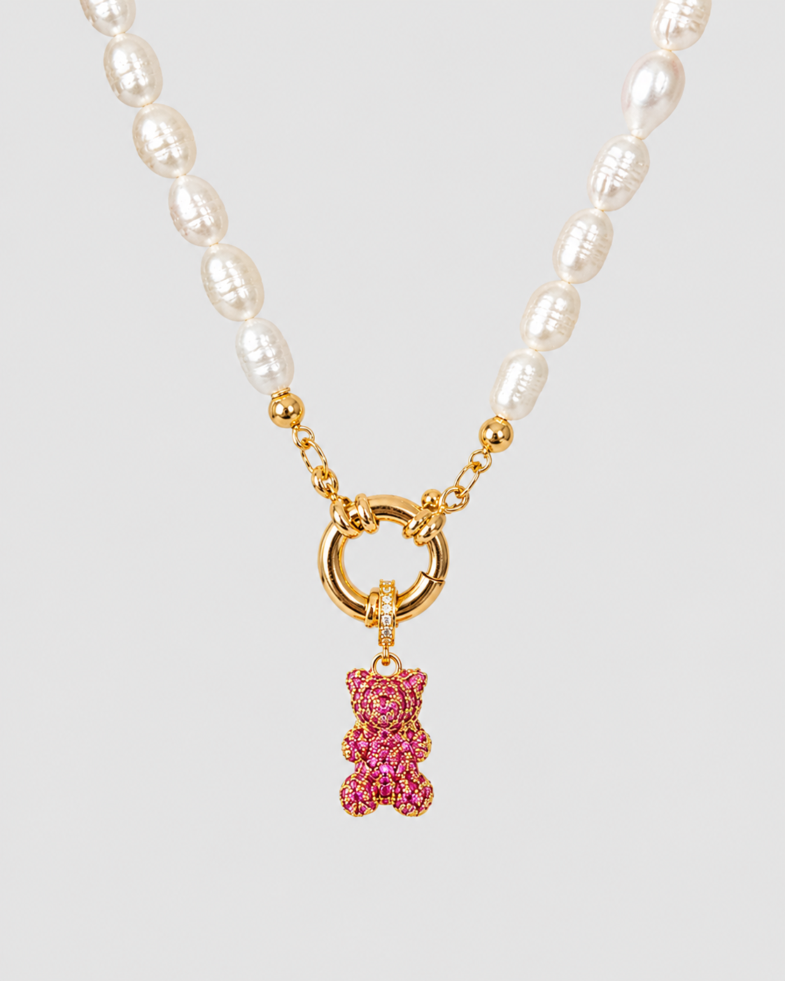 MONLANA Natural Pearl Necklace with Pink Shiny Bear Pendant