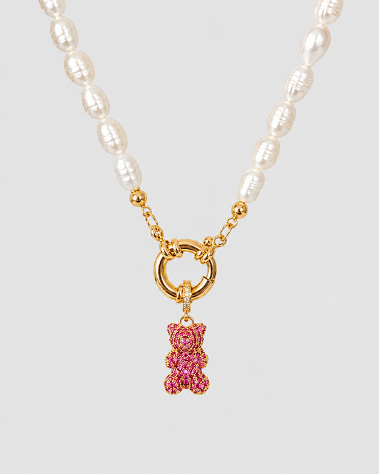 MONLANA Natural Pearl Necklace with Pink Shiny Bear Pendant